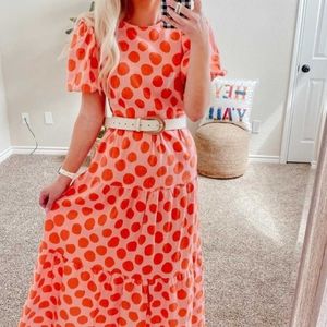 Women's Short Sleeve Orange Polka Dot Dress (XL)
